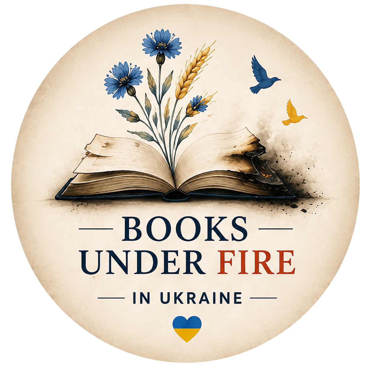 Books under Fire logo: an open book with one charred corner, cornflowers and an ear of wheat growing from its pages, two birds above.
